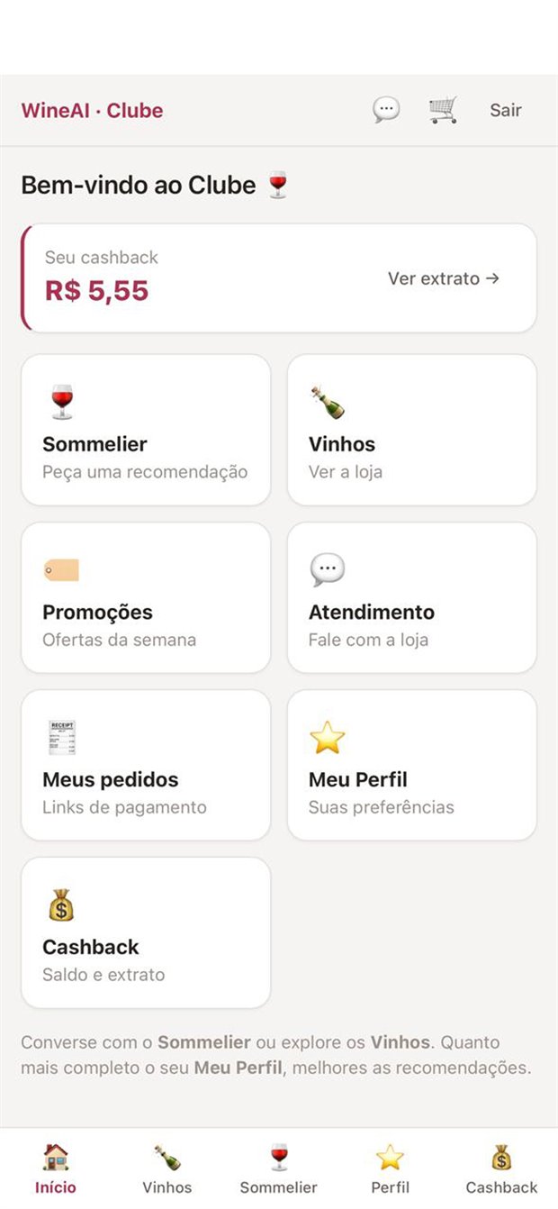 Tela inicial do aplicativo WineAI Clube