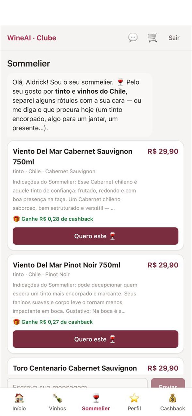 Tela do sommelier no aplicativo, recomendando rótulos com justificativa