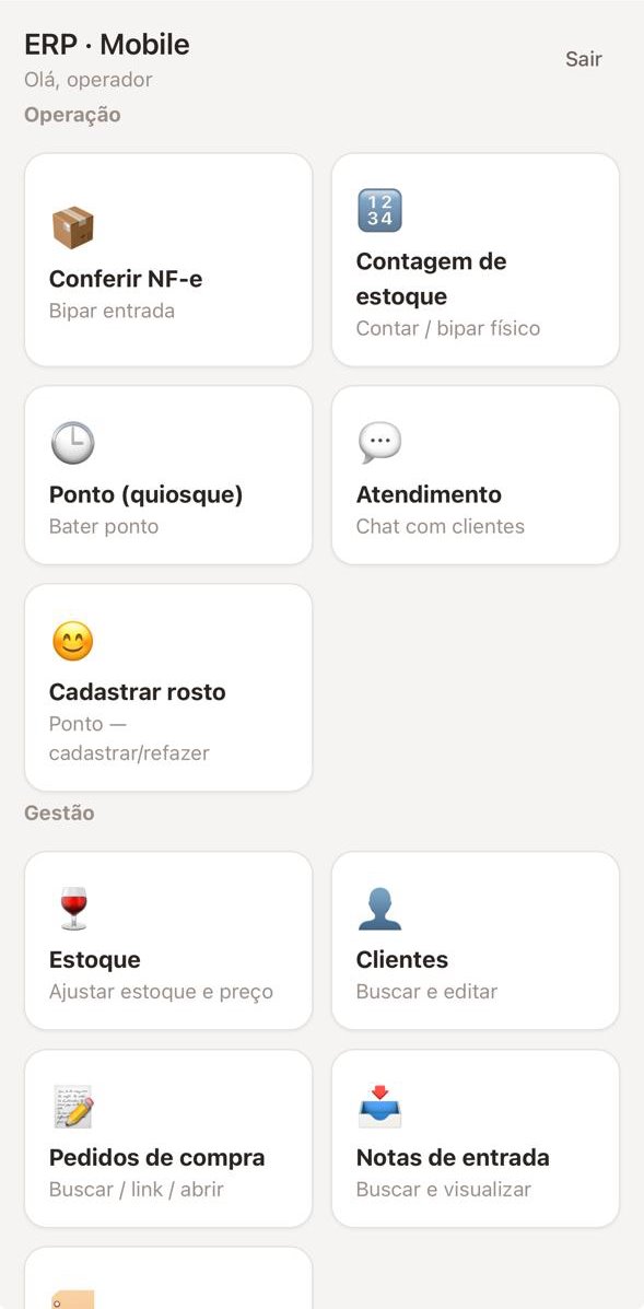 Menu de operação do ERP mobile com conferência de NF-e, contagem de estoque e ponto