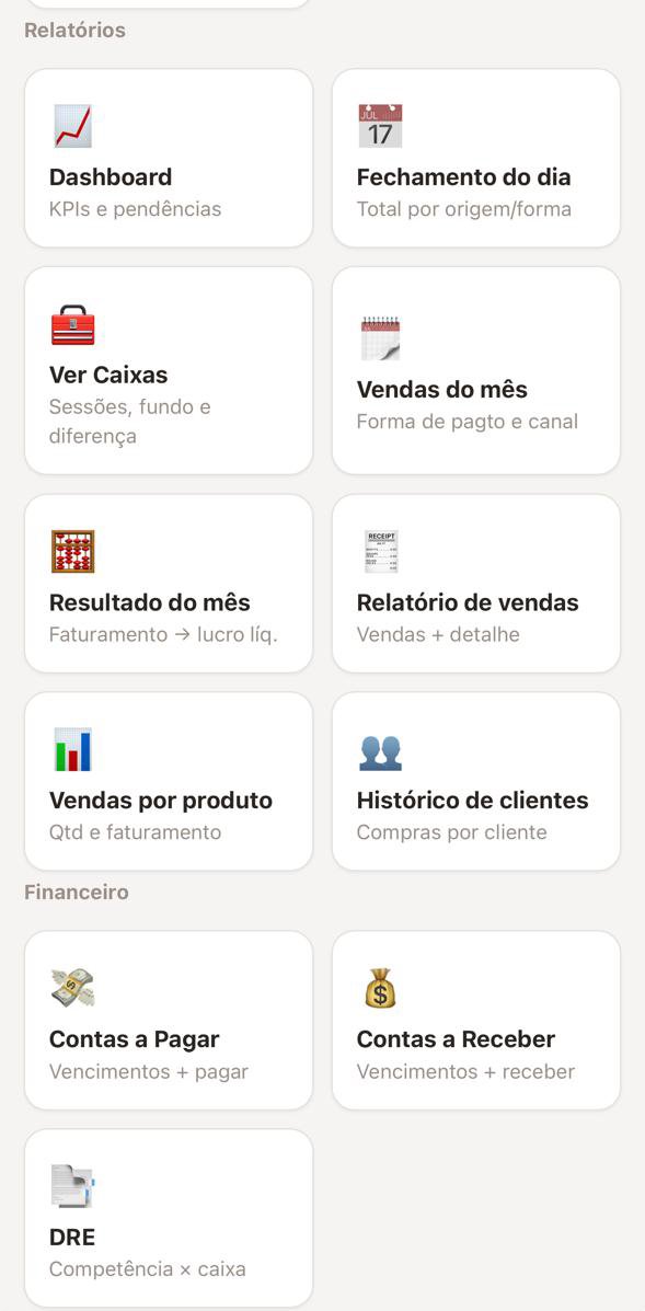 Menu de relatórios e financeiro do ERP mobile