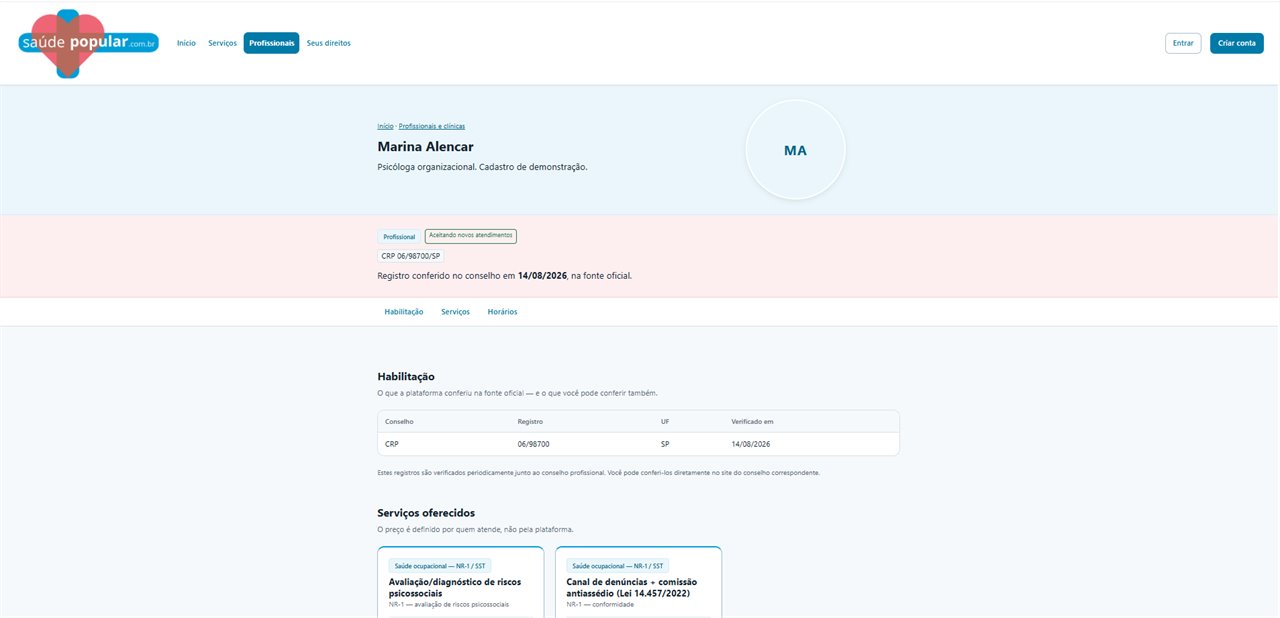 Perfil de profissional mostrando conselho, número de registro, UF e data da verificação