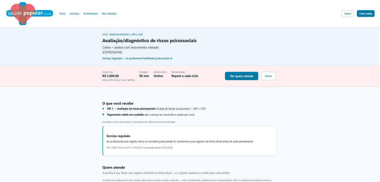 Página de um serviço regulado, com preço, duração e aviso de habilitação obrigatória