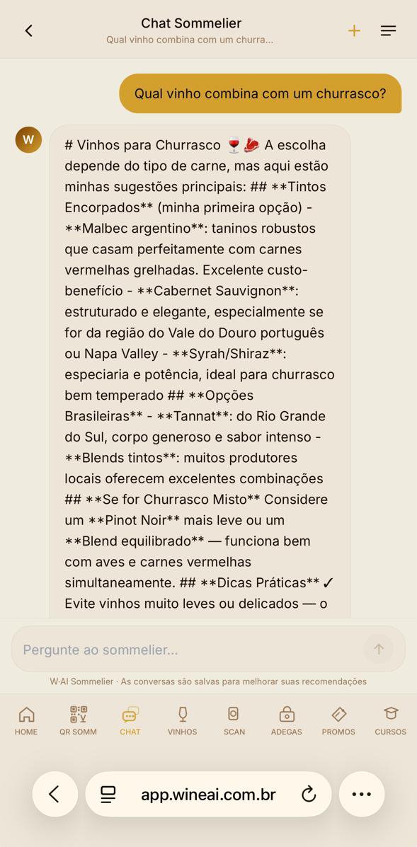 Conversa livre com o sommelier do aplicativo